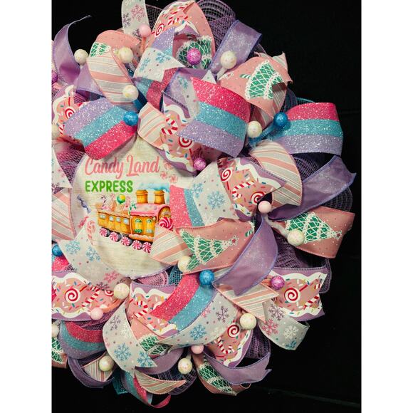 Christmas Candy Wreath, Pastel Pink Blue Purple Door Decor Handmade 22 In - Picture 3 of 6
